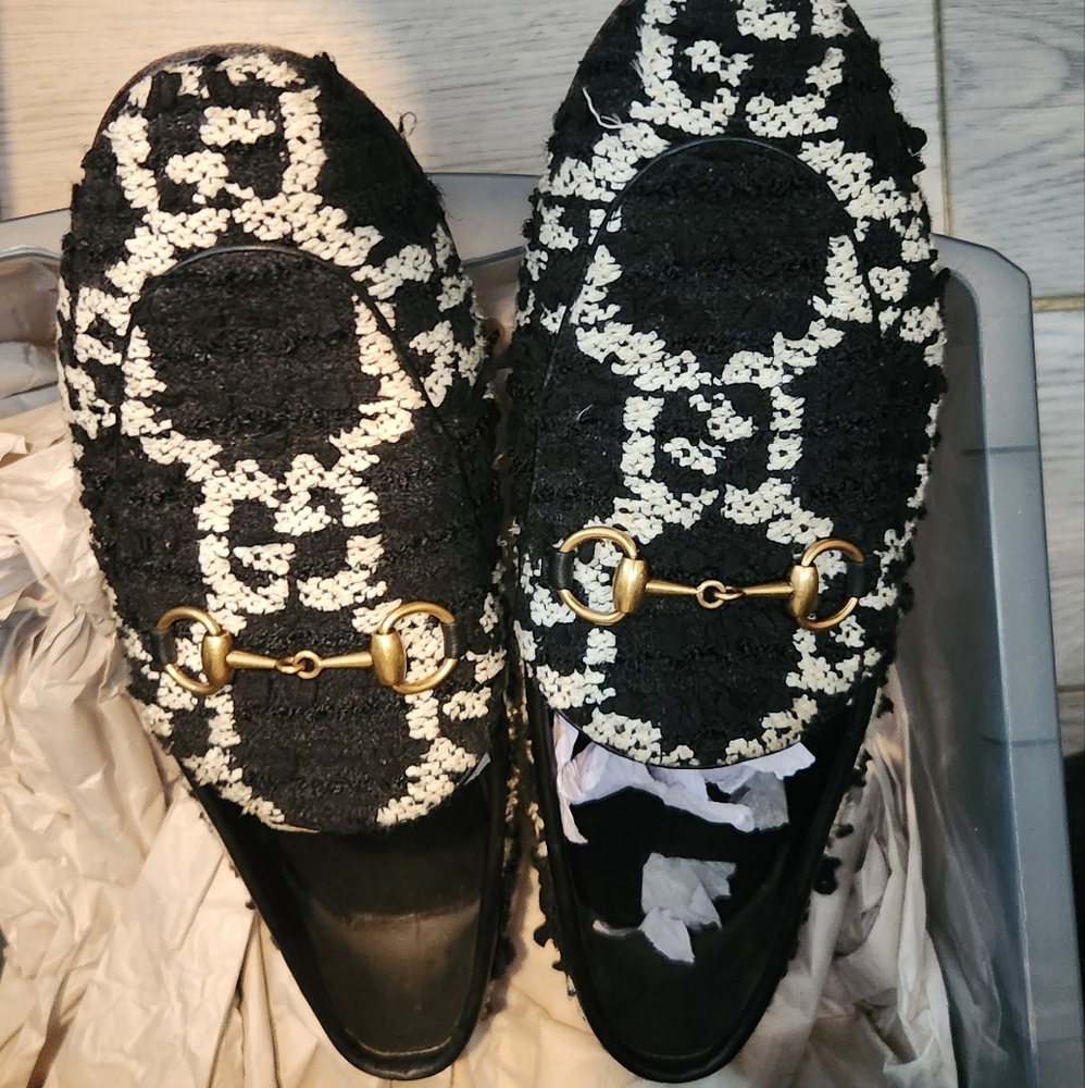 Authentic Gucci Jordan black and white tweed loafers
